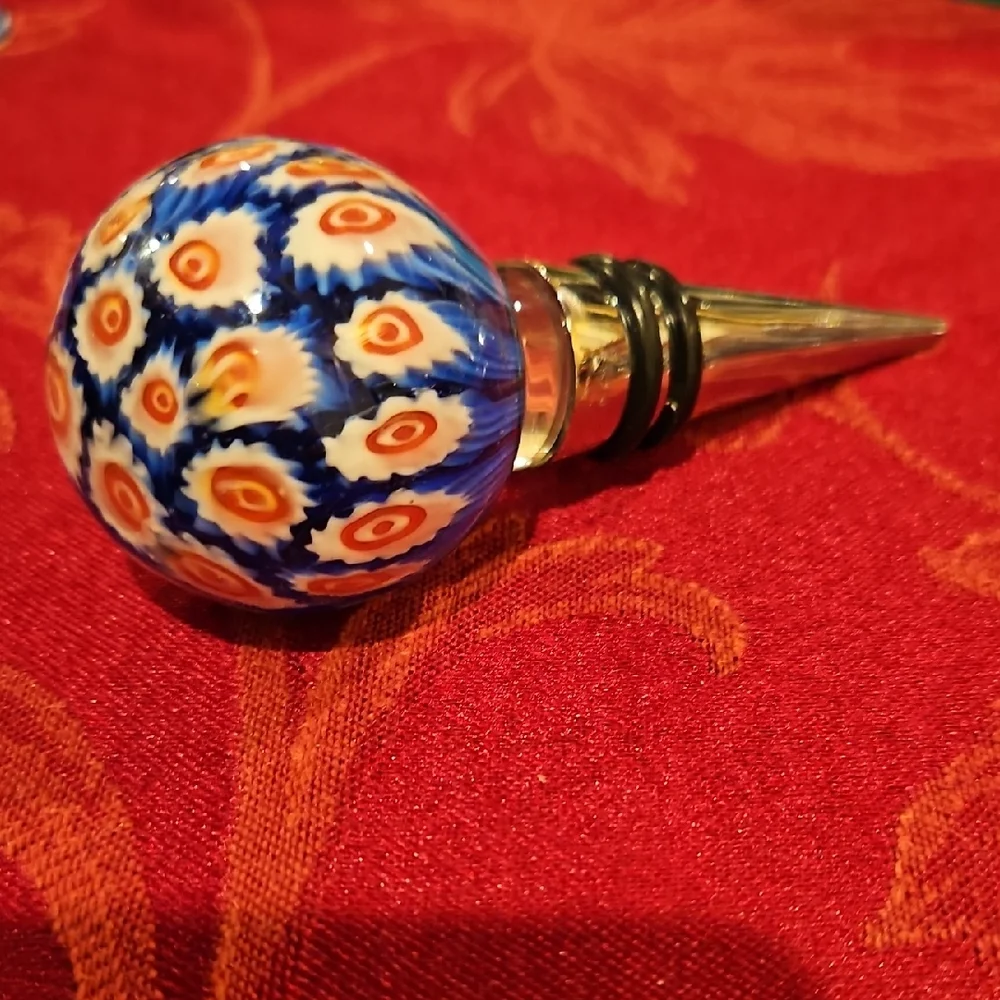 Stunning Murano Style Millefiori Blown Glass Wine Bottle Stopper, Red White Blue